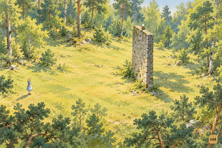 From above, a lone grey wall stands in a green clearing, a tiny egg-shaped speck on top