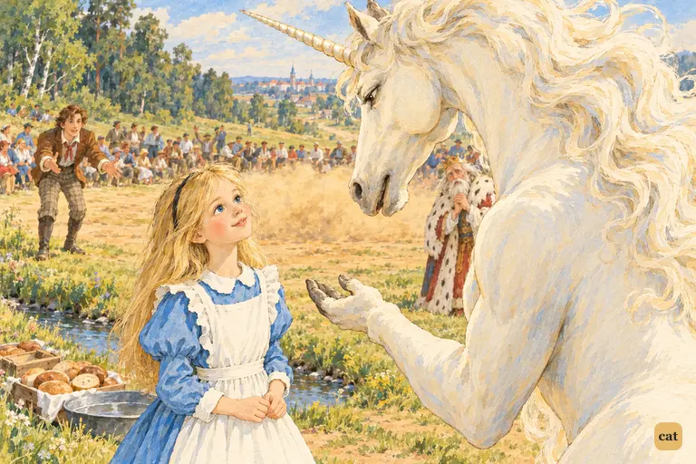 Alice smiles up at the Unicorn as he bends down and offers a bargain of mutual belief