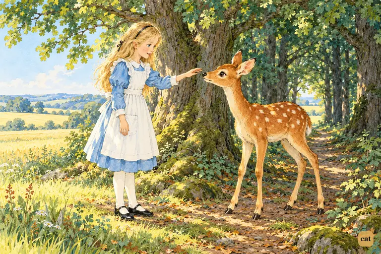 At the edge of the nameless wood, Alice holds out a careful hand to a dappled fawn