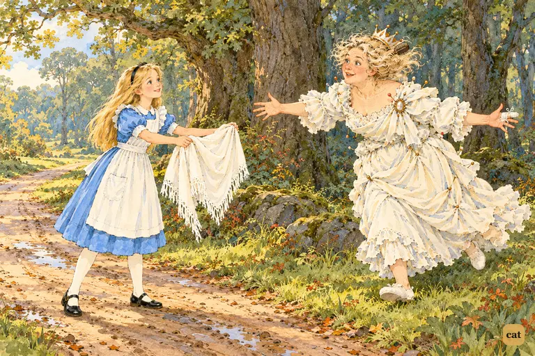 The White Queen rushes at Alice with arms flung wide as Alice holds out the lost shawl