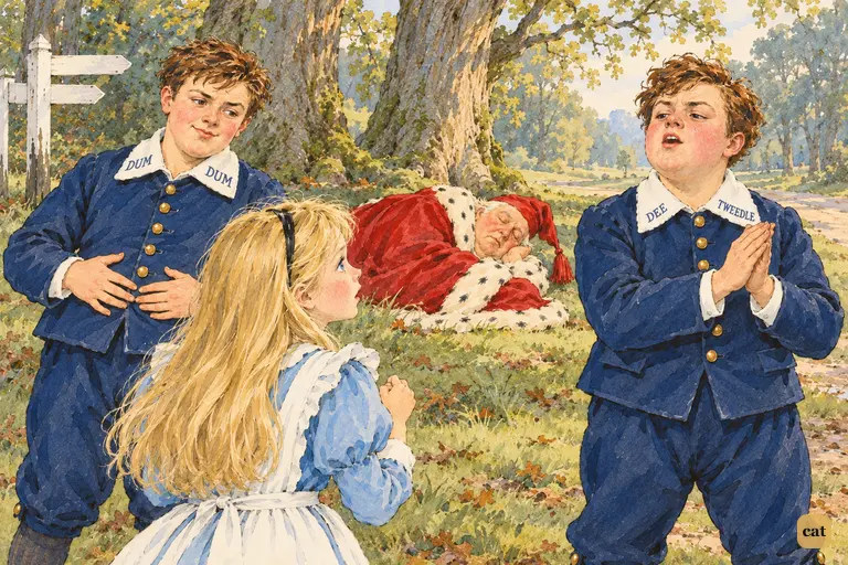 Tweedledee claps and tells Alice she is only a thing in the sleeping Red King's dream