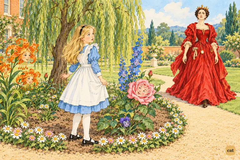 In the Garden of Live Flowers, Alice turns as the Red Queen, now taller, strides along