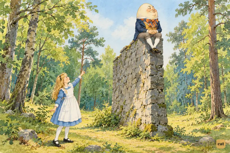 In a bright woodland clearing, Alice points up at the huge egg on the narrow wall