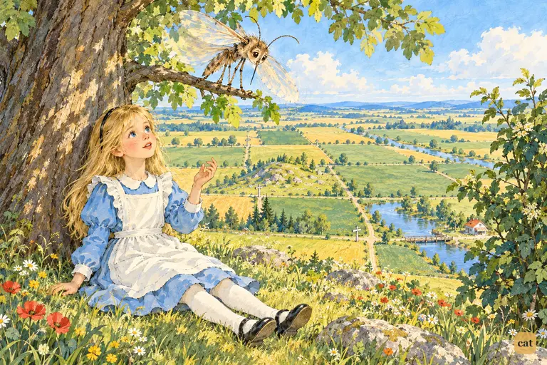 Alice sits calmly under a tree while the chicken-sized Gnat fans her from a low twig