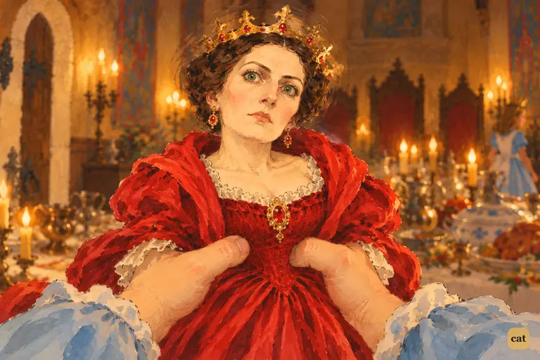 Alice holds up the doll-sized Red Queen, limp and calm, her eyes large and green