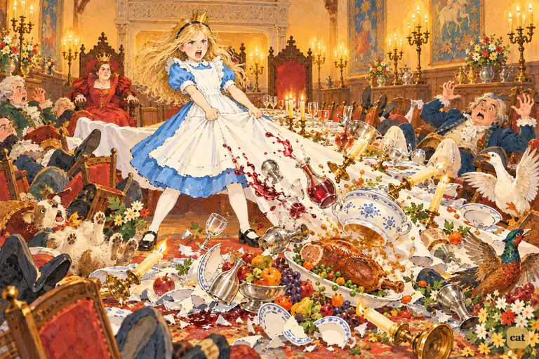 Alice hauls the table-cloth with both fists and brings the whole banquet crashing down