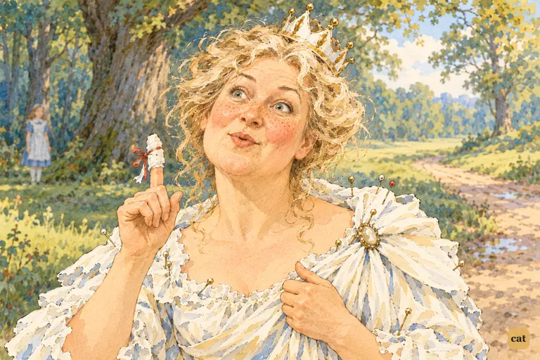 The White Queen rises on her toes, bandaged finger raised, her voice climbing to a squeak