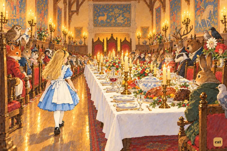Crowned Alice walks up the candlelit hall as about fifty silent guests turn to watch her