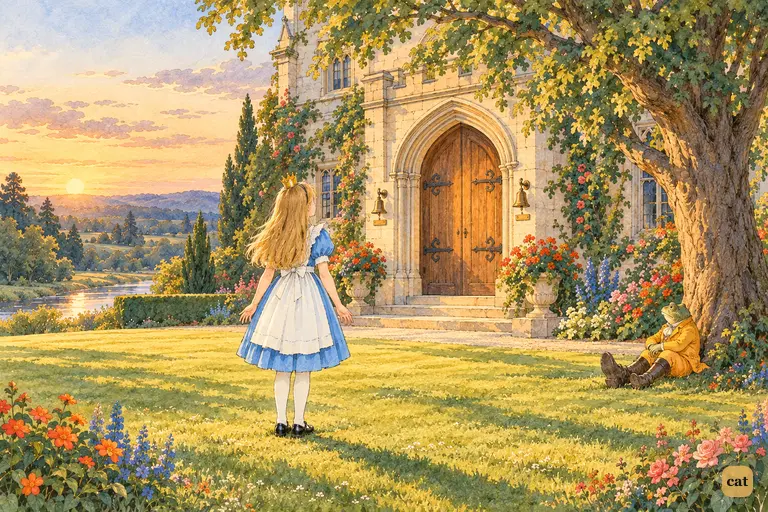 Crowned Alice looks up at the arched door lettered QUEEN ALICE, with two bell-handles