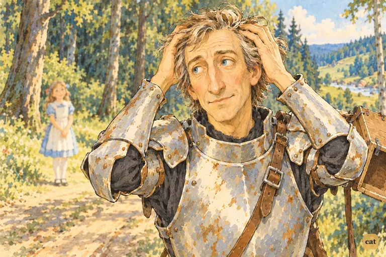 Helmet off, the White Knight combs back his shaggy hair and turns his mild face to Alice
