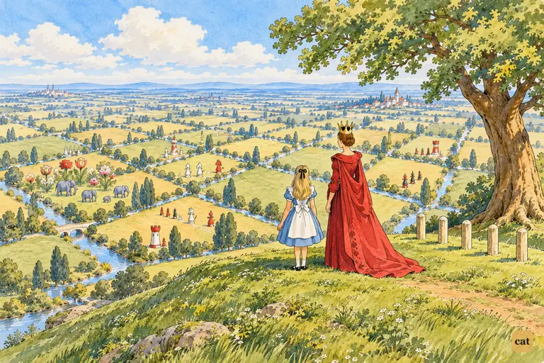 Alice and the Red Queen look out from the hilltop over the vast chessboard country