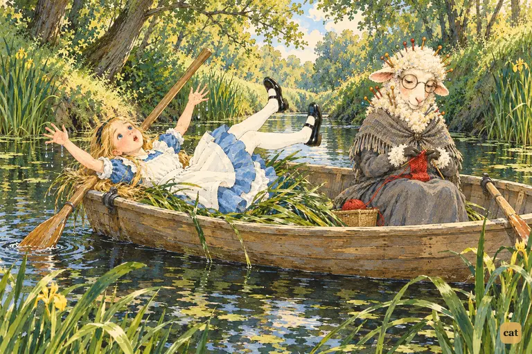 The oar sticks in the water and tips Alice backward off her seat into the rushes