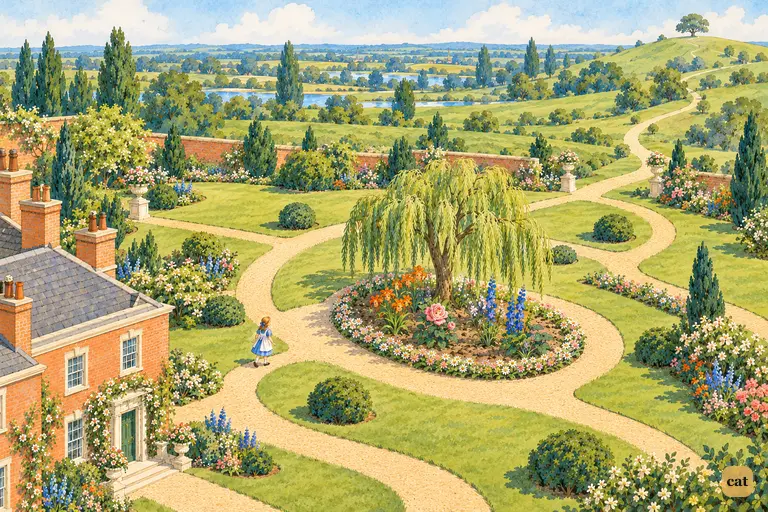 In the Looking-glass garden, a tiny girl in blue looks toward the distant green hill