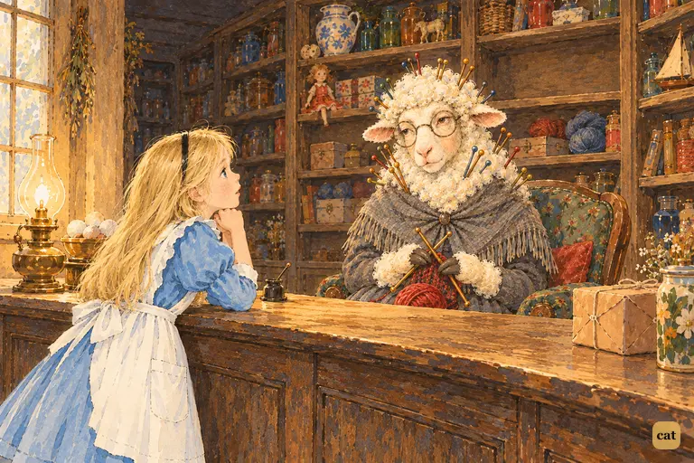 Alice leans on the counter of a dim little shop, staring at an old knitting Sheep