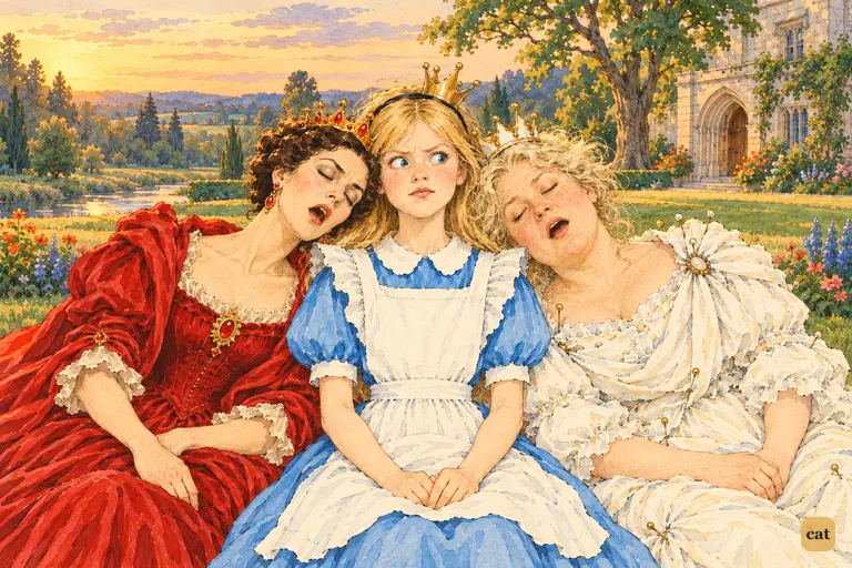 Alice sits upright on the lawn as the Red and White Queens snore on her shoulders