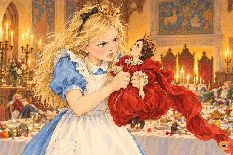 Alice shakes the doll-sized Red Queen, who softens into a round, kitten-like bundle