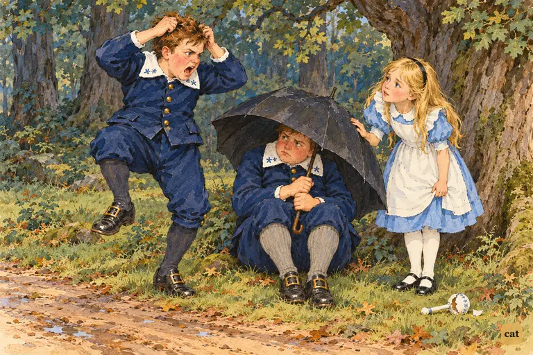 Tweedledum rages over his spoilt rattle as Tweedledee cowers and Alice touches his arm