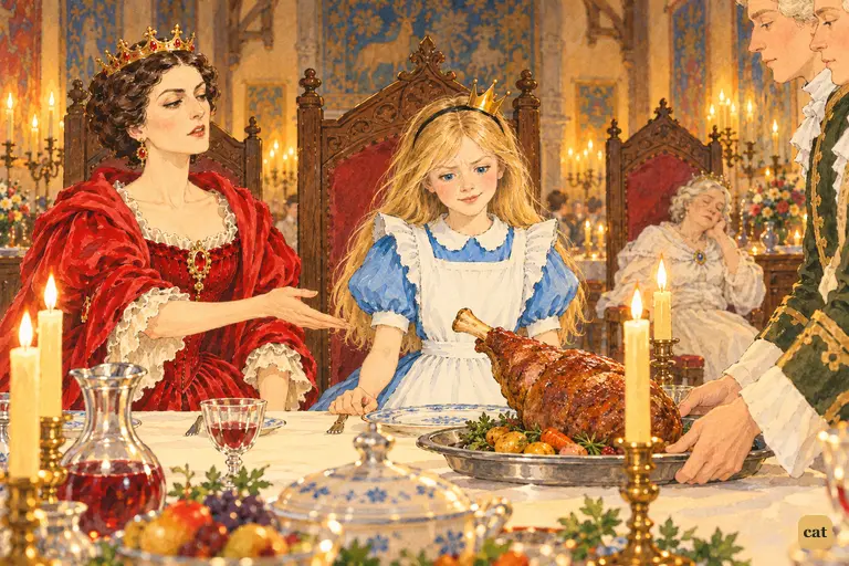 At the feast, the Red Queen introduces Alice to the leg of mutton, which rises in its dish and bows.