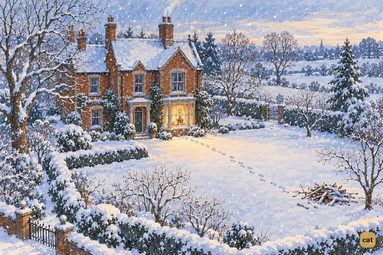 From above, a small Victorian house sits in a snowy garden at dusk, one window glowing