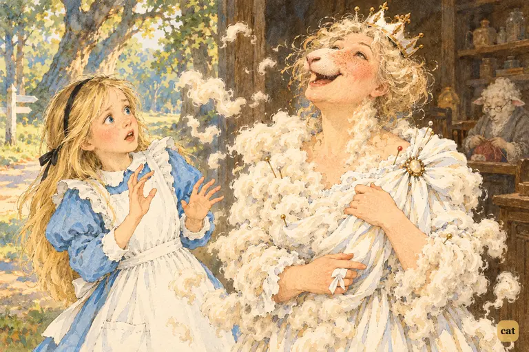 Wool wraps the bleating White Queen as she turns into a sheep, and Alice starts back
