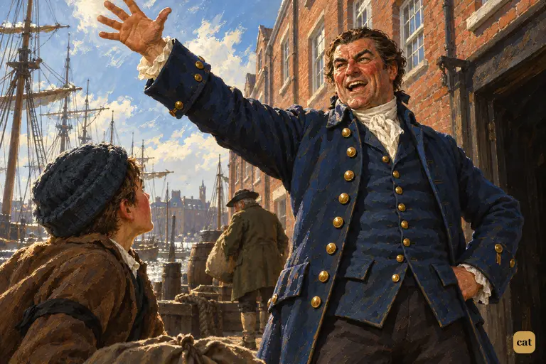 Squire Trelawney flings his arm toward the masts, shouting to Jim, frozen at his feet