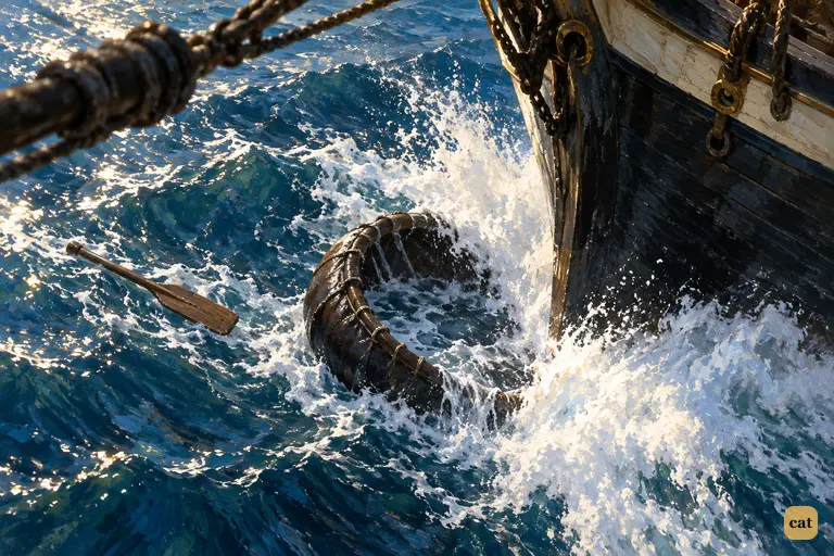 Seen from the jib-boom, the schooner's stem drives the swamped coracle under the foam