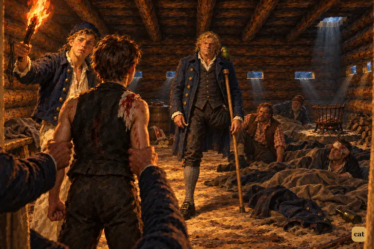 Jim is dragged in through the doorway of the block house.