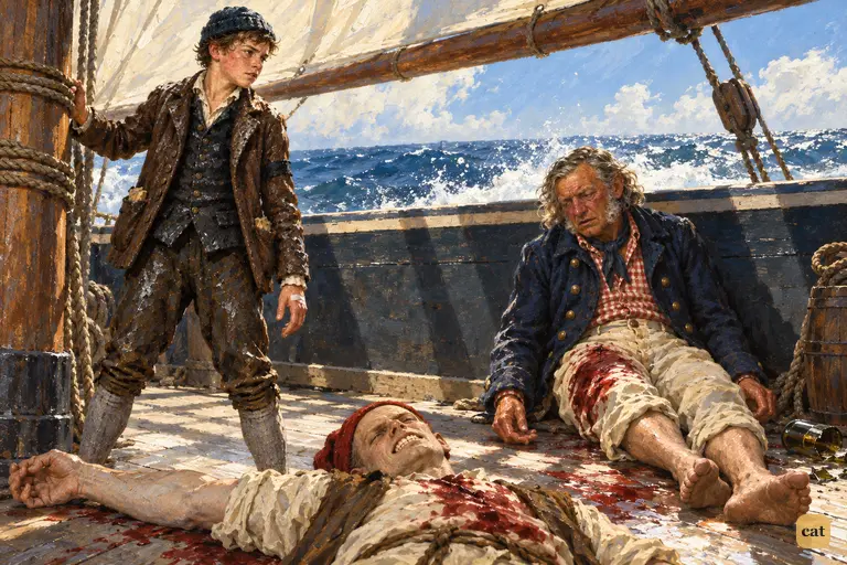 Jim Hawkins mockingly greets the bleeding coxswain, with the dead red-cap between them