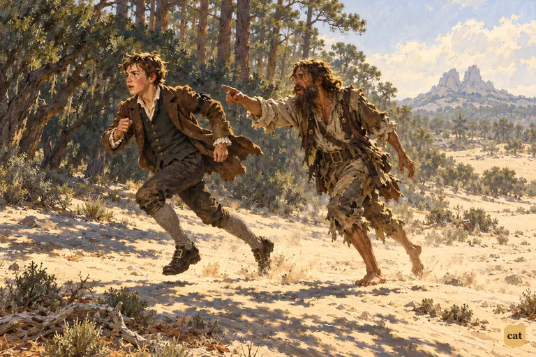 Jim runs for the anchorage while Ben Gunn trots beside him, pointing the way