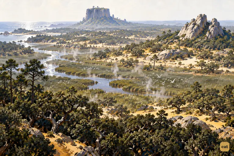 From the live-oaks the island opens out: marsh, plain, two-peaked hill and Spy-glass