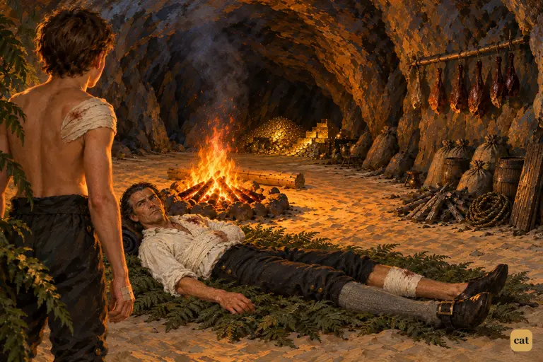 Jim steps into Ben Gunn's cave and sees Flint's treasure: heaps of coin and gold bars
