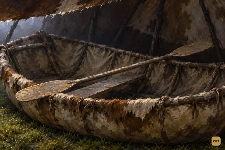 Ben Gunn's tiny, lopsided coracle of crooked sticks and hide lies under a goat-skin tent