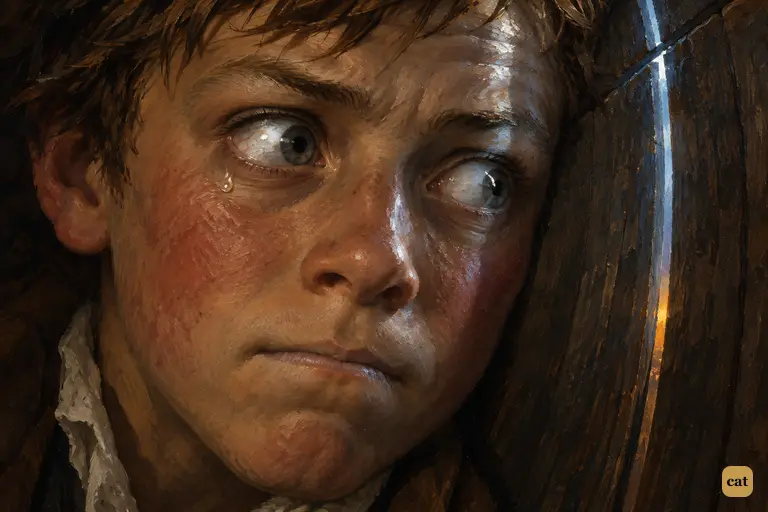 In the barrel, wide-eyed Jim hears Silver and knows the honest men's lives depend on him