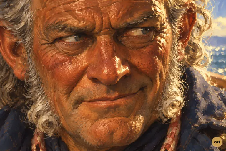 In the blazing noon sun, the wounded coxswain Israel Hands wears a haggard, crooked smile.