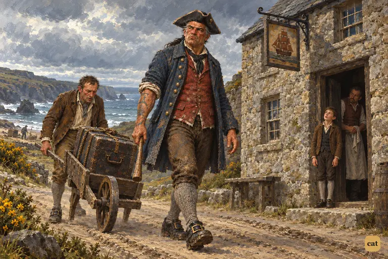 A nut-brown seaman plods to the Admiral Benbow, his sea-chest behind him in a barrow