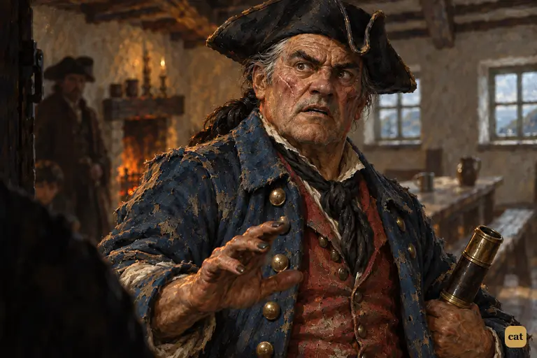 Billy Bones spins round, face drained, scar white — the look of a man who sees a ghost