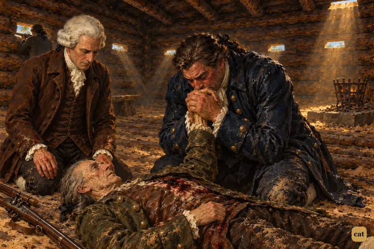 The squire kneels beside his dying gamekeeper, kisses his hand and cries