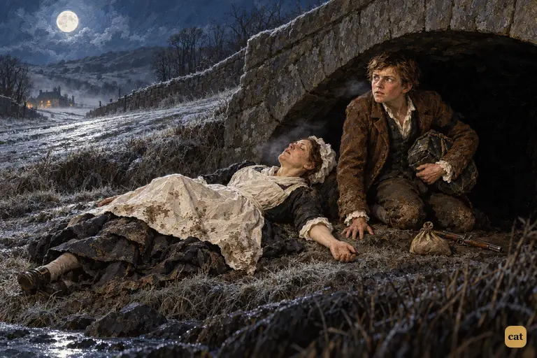 Jim hides under the bridge arch while his mother lies senseless on the moonlit bank