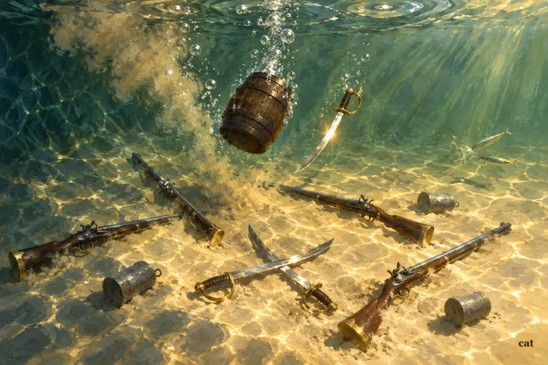 Jettisoned muskets and cutlasses lie on the sand below as a powder keg sinks