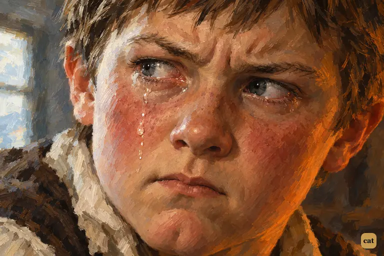 Close-up: a single tear breaks from Jim Hawkins' lashes in the Admiral Benbow parlour