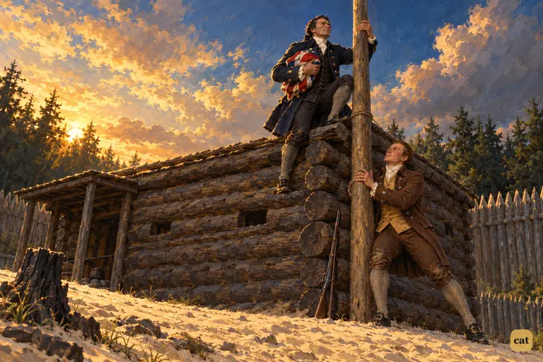 Captain Smollett climbs onto the log-house roof with the folded British colours