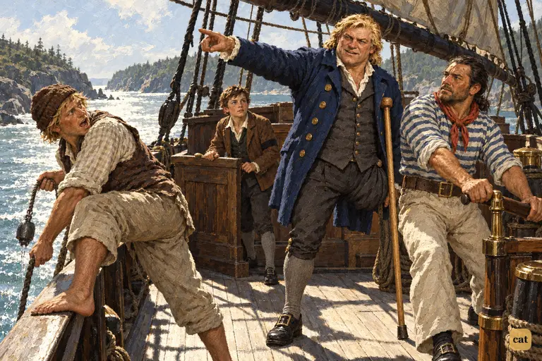 Long John cons the Hispaniola through the narrow passage while Jim watches him