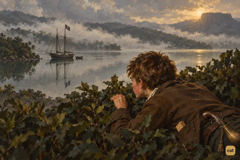 Jim lies hidden in the bushes on the ridge of the spit and watches the anchorage.