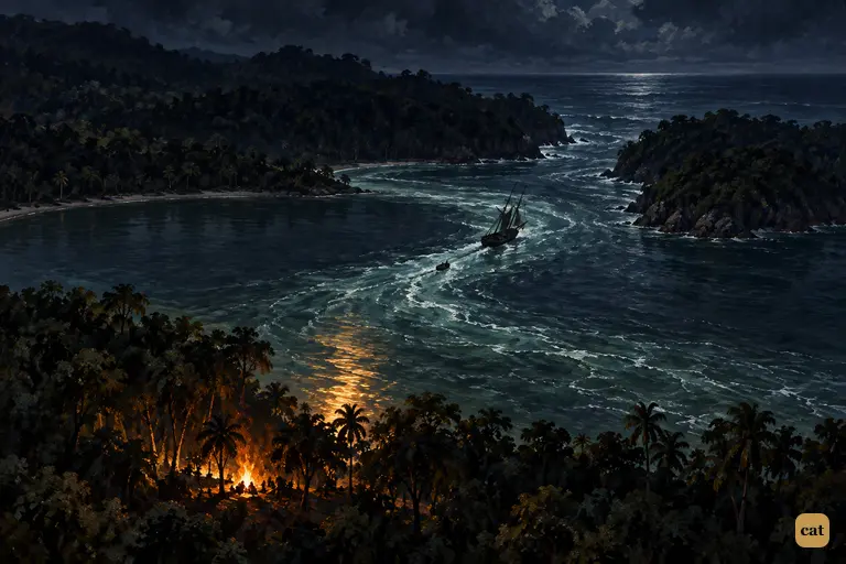 The loose Hispaniola and Jim's coracle are swept together out through the narrows