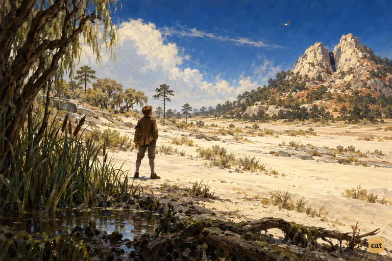 Jim Hawkins leaves the marsh and sees a distant hill with two craggy peaks