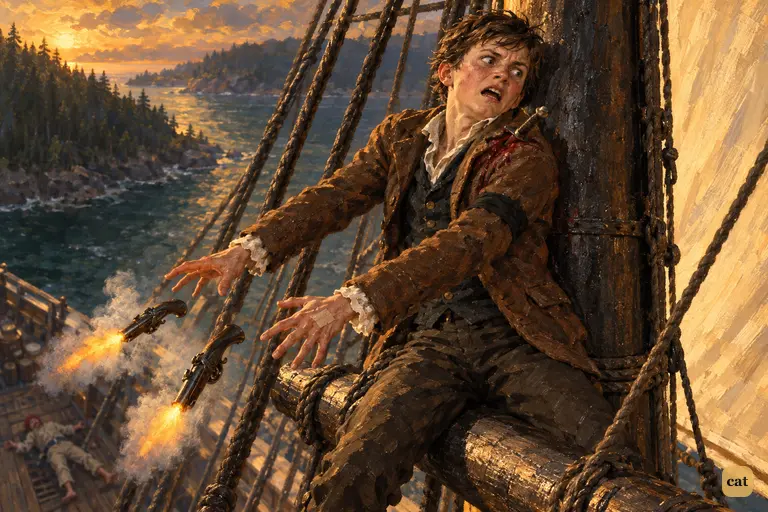 A thrown dirk nails Jim Hawkins by the shoulder to the mizzen mast.