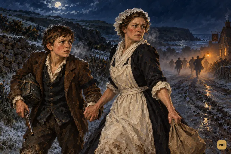 Jim and his mother look back as dark figures with a lantern run towards them