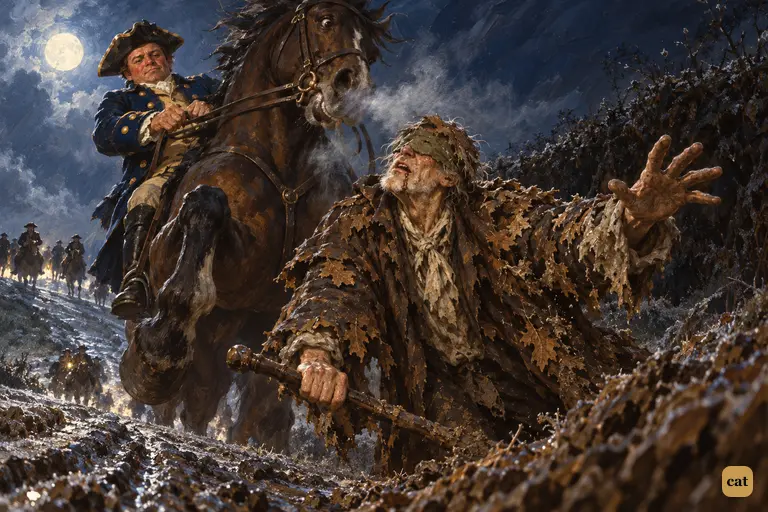 Blind Pew dashes from the ditch under a galloping horse as the rider wrenches the reins