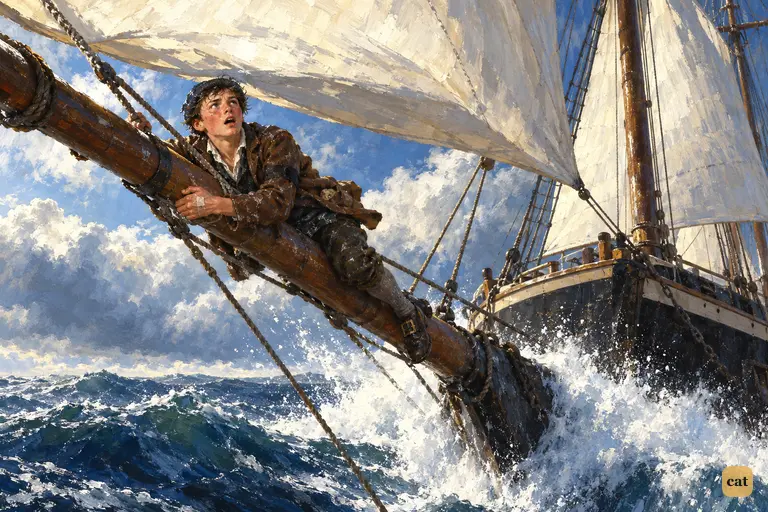 Jim has just reached the bowsprit as the flying jib bangs over with a report like a gun