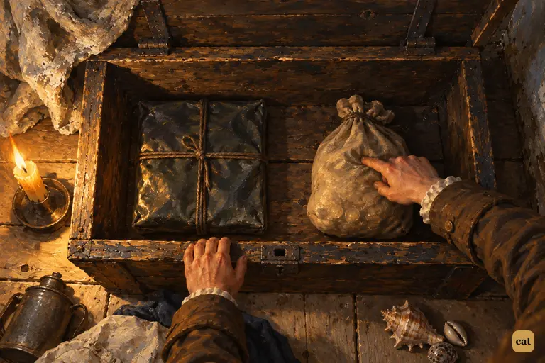 By candlelight, Jim feels the gold in a canvas bag beside an oilcloth bundle